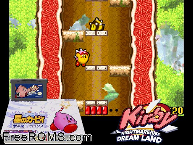 Hoshi No Kirby Yume No Izumi Deluxe (Japan) Gameboy Advance game showing 3D box cover and gameplay screenshot